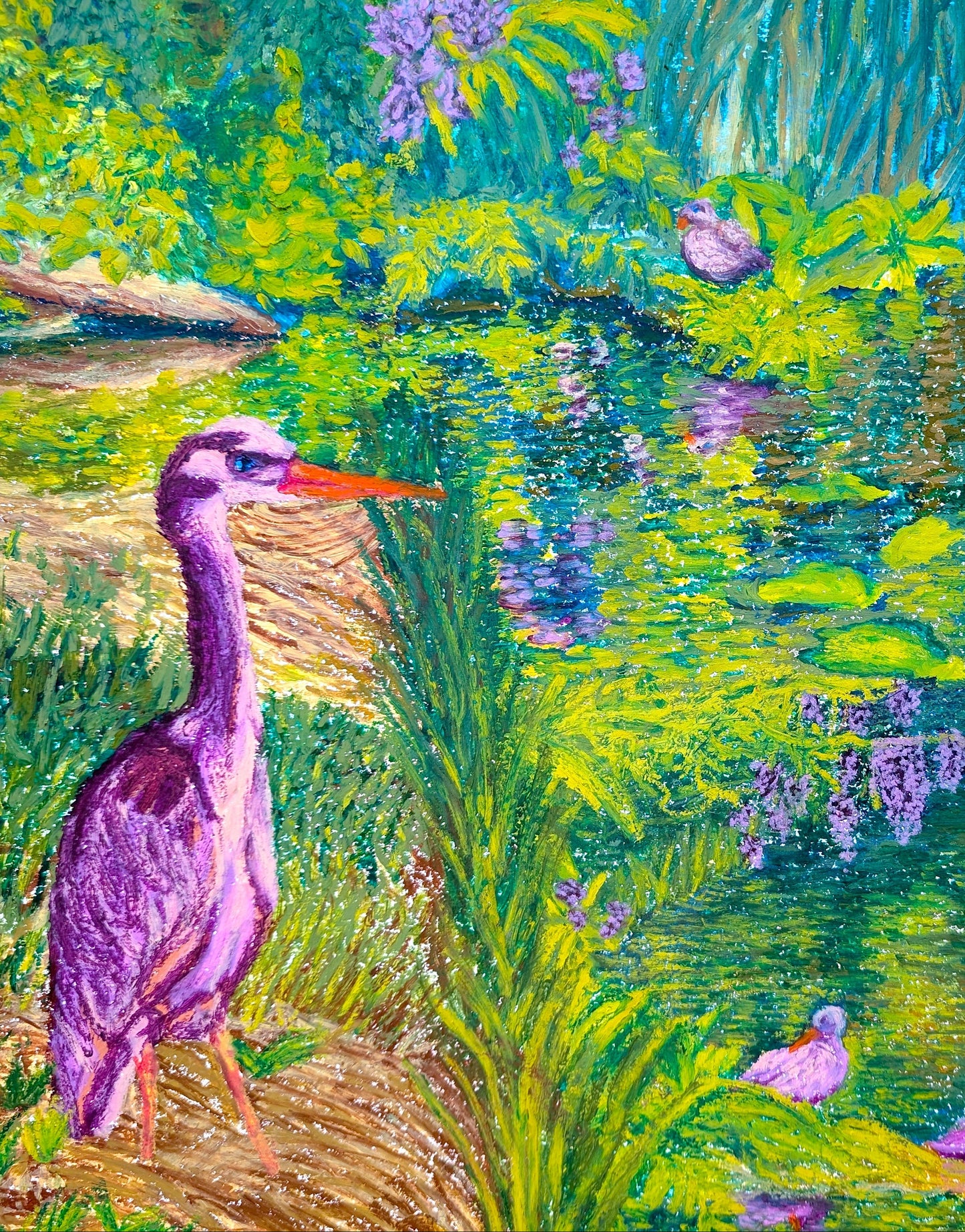 Colorful painting of a pond with birds and plants