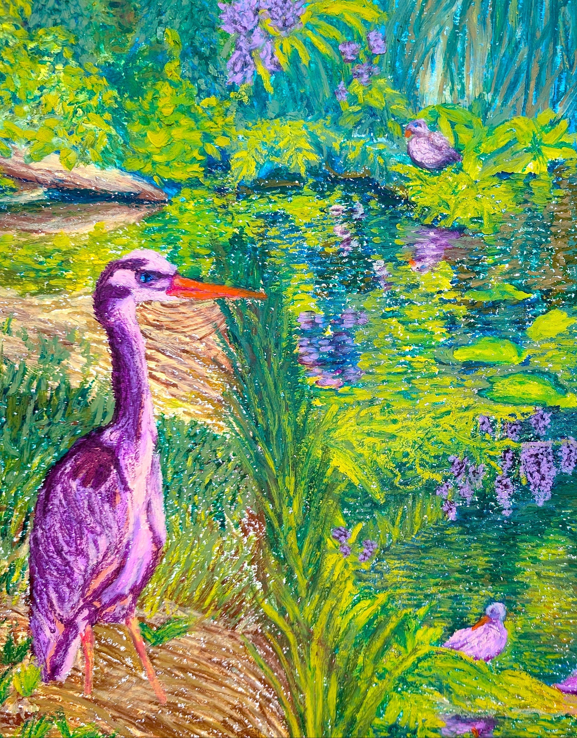 Colorful painting of a pond with birds and plants