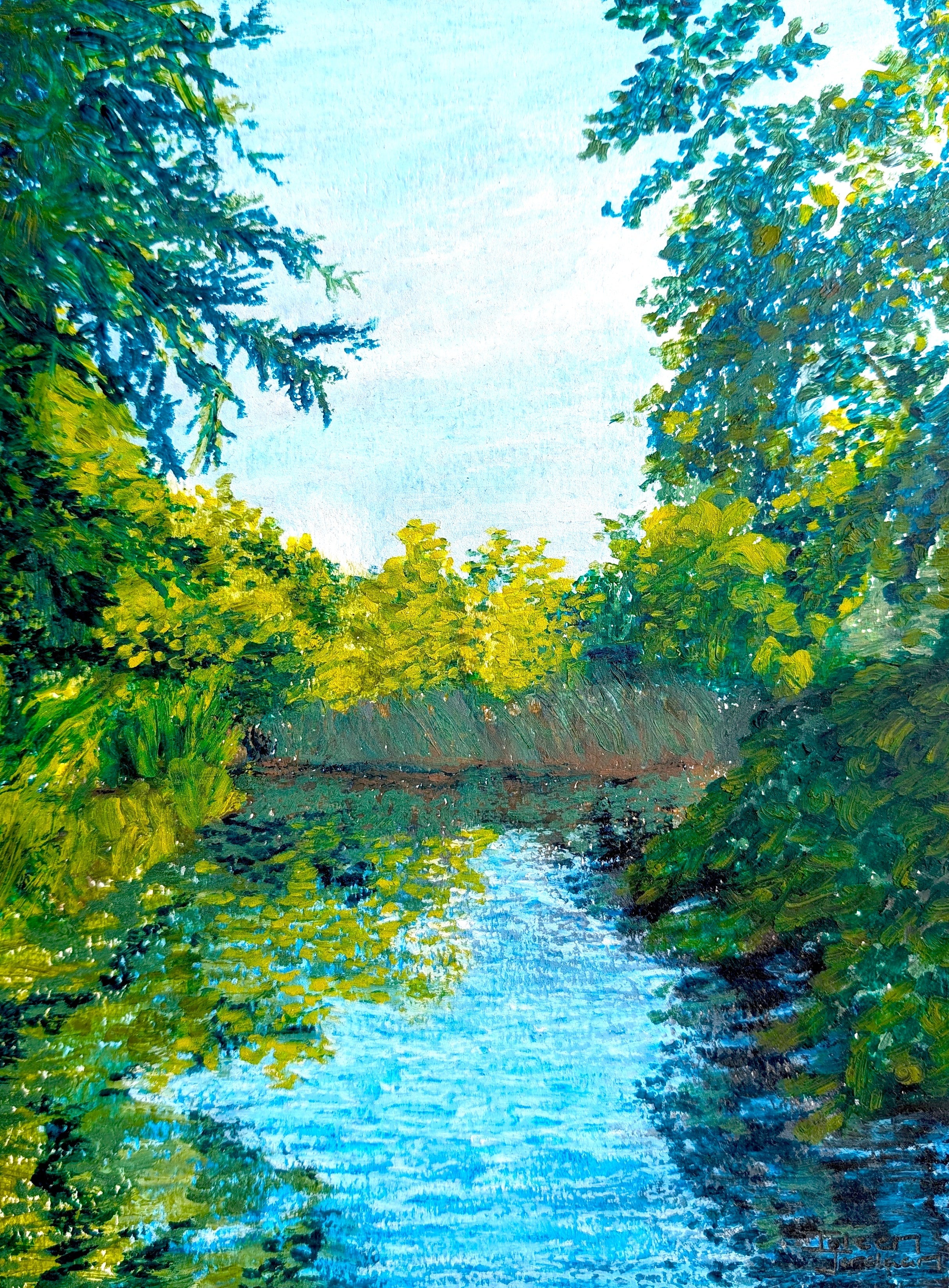Painting of a serene landscape with a river surrounded by trees